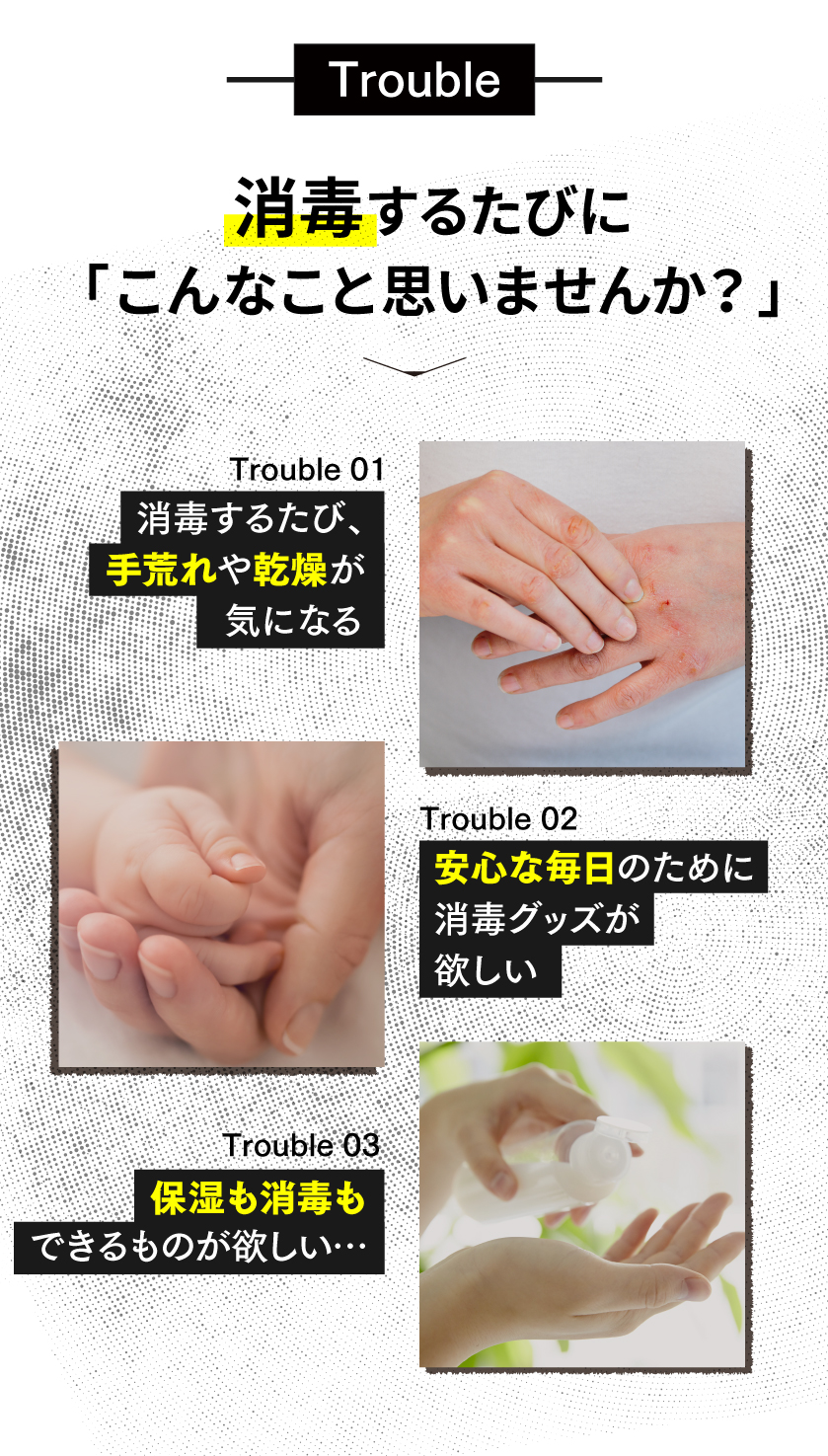 消毒するたび、手荒れや乾燥が気になる、安心な毎日のために消毒グッズが欲しい