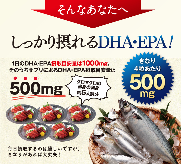 そんなあなたにしっかり摂れるDHA・EPA。1日のDHA・EPA摂取目安量1000㎎のうち500㎎を4粒に凝縮。クロマグロの赤身の刺身約5人前分の量です。
