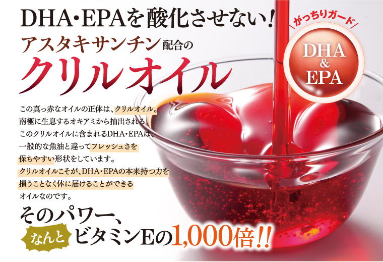 DHA・EPAを酸化させない!アスタキサンチン配合のクリルオイルを使用。そのパワー、なんとビタミンEの1000倍!