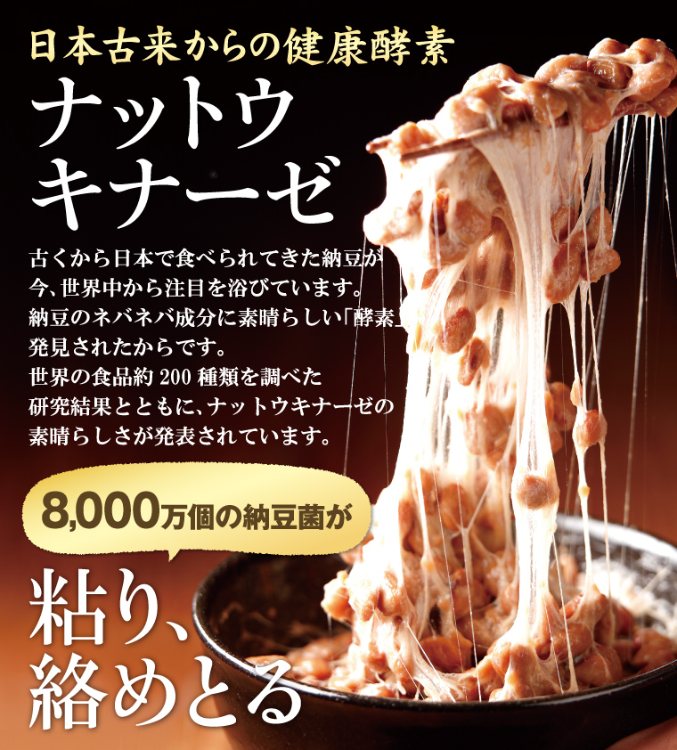 日本古来からの健康酵素ナットウキナーセを配合。古くから日本で食べられてきた納豆が今、世界中から注目を浴びています。8000万個の納豆菌が粘り、絡めとる。