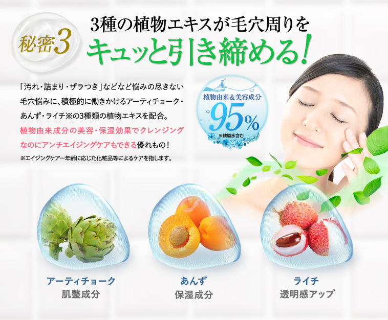 3種の植物エキスが毛穴周りをギュッと引き締める