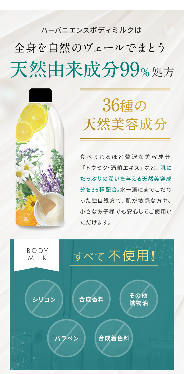 公式】ハーバニエンスボディミルク |驚くほど伸びが良く、スッとなじむ